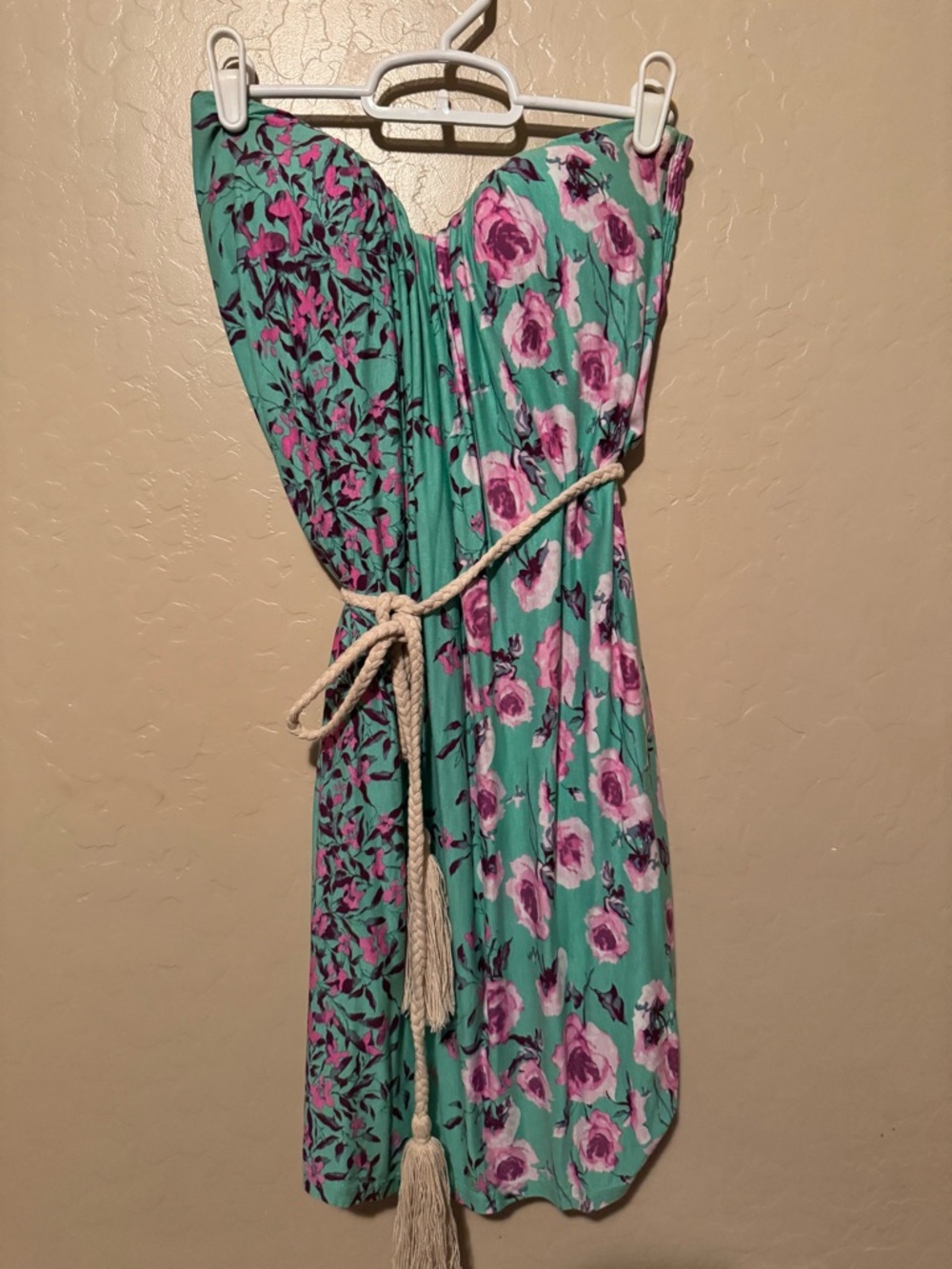 Strapless Teal Floral Sundress with Rope Belt